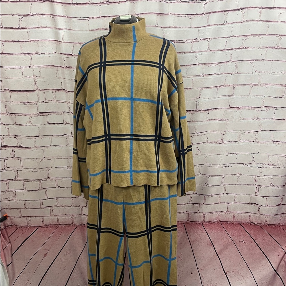 Eloquii Tan and Blue Plaid Sweater and Pants Set